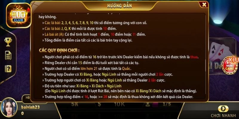 Luật chơi xì dách hoàng gia tại Hitclub